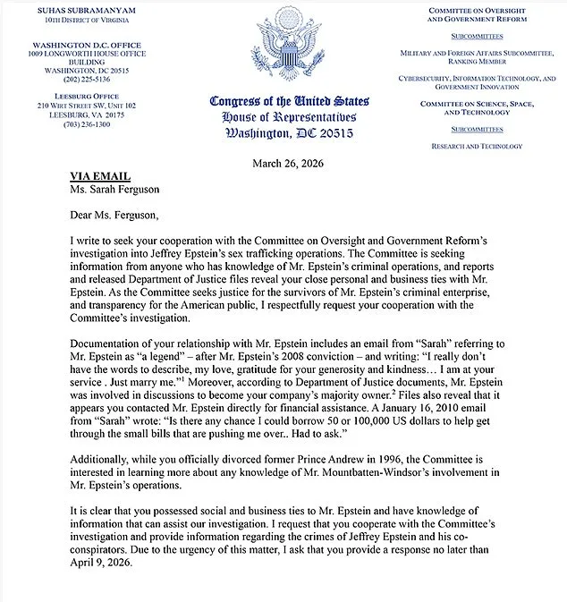 Congressman Requests Sarah Ferguson Testify on Ties to Jeffrey Epstein as Part of Ongoing Investigation