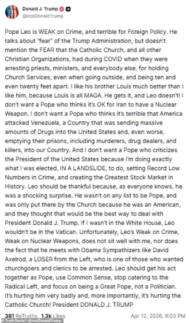 Trump Unleashes Blistering Attack on Pope Leo, Accusing Him of Being 'Very Liberal' and 'Weak on Crime' as Feud Escalates